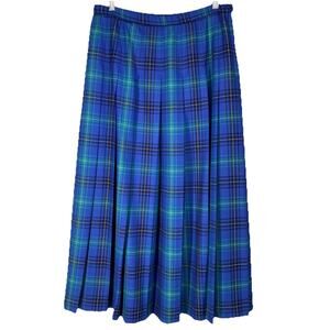 💙 Pendleton Blue Plaid Wool Pleated Midi Skirt | Womens 14